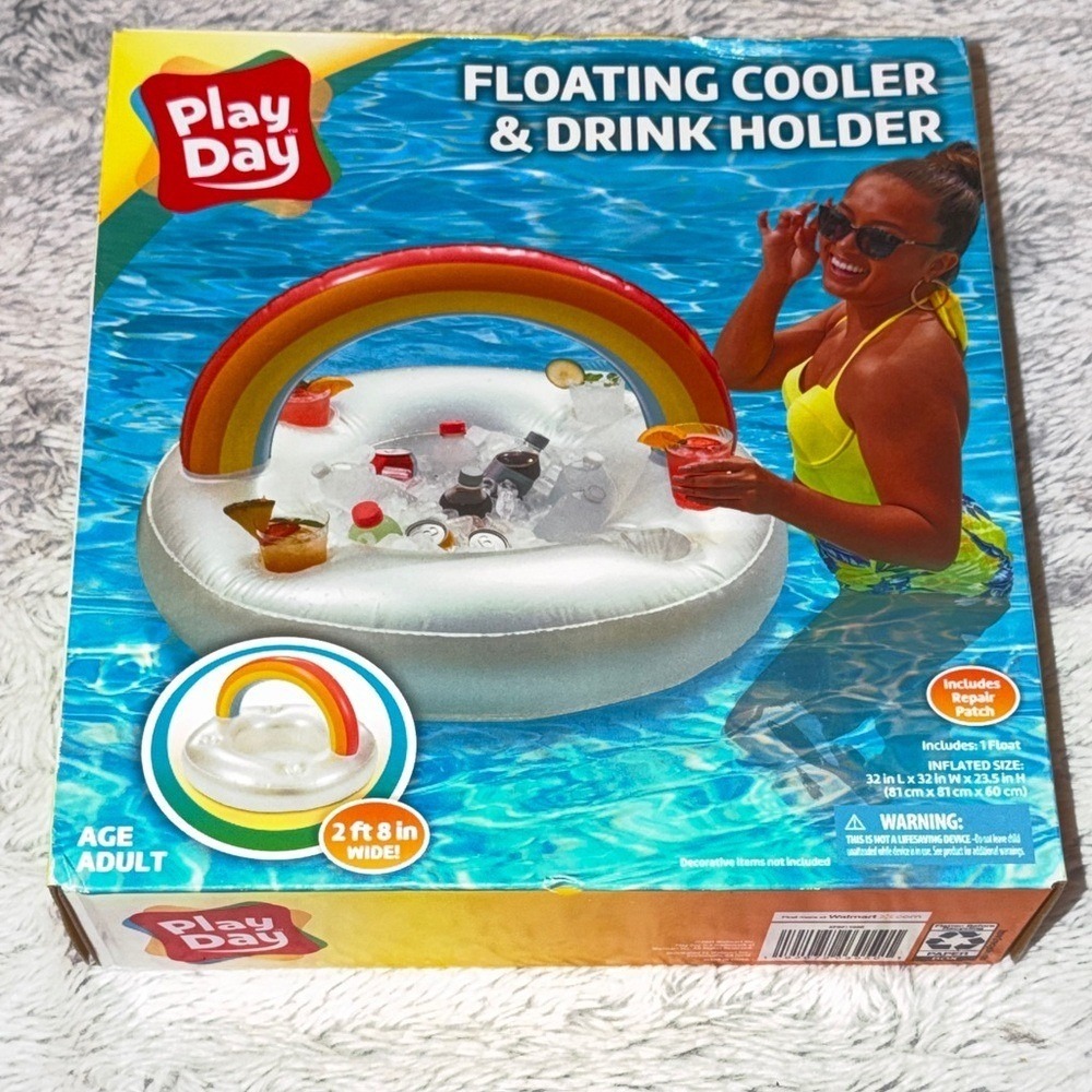 Play Day Floating Cooler & Drink Holder Inflatable Rainbow Pool Float 32in Wide